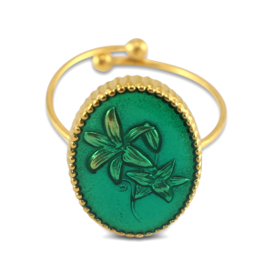 Bagues en acier inox &eacute;maill&eacute;es ovale avec fleur Dor&eacute;-vert fonce