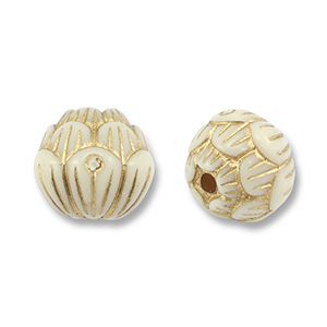 Perles acryliques rond avec fleur Blanc cass&eacute;-dor&eacute;