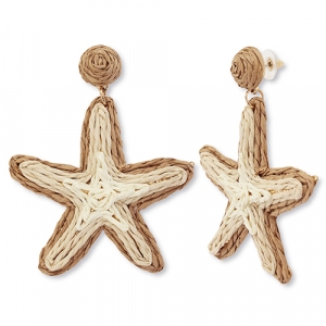 Boucles d'oreilles en raphia accroche-regard &eacute;toile de mer Beige-marron clair-dor&eacute;