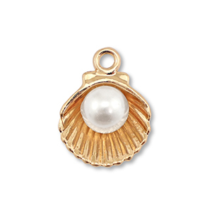 Breloques en m&eacute;tal &eacute;maill&eacute;e coquille avec perle Dor&eacute;-blanc