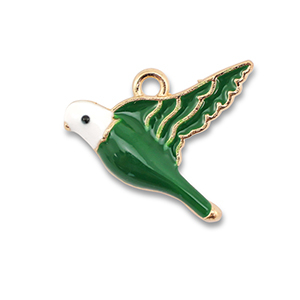 Breloques en m&eacute;tal &eacute;maill&eacute;e oiseau Dor&eacute;-vert fonc&eacute;-blanc