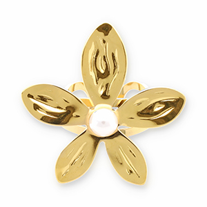 Bagues en acier Inox fleur avec perle Dor&eacute;-blanc