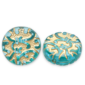 Perles acryliques disque Bleu sarcelle-dor&eacute;