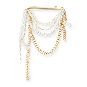 Broches accroche-regard barre avec cha&icirc;ne et perles Dor&eacute;-blanc