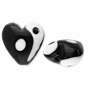 Perles en verre Yin & Yang c&oelig;ur Noir-blanc