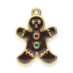 Breloques en acier Inox bonhomme pain d'&eacute;pices Dor&eacute;-marron-rouge-vert