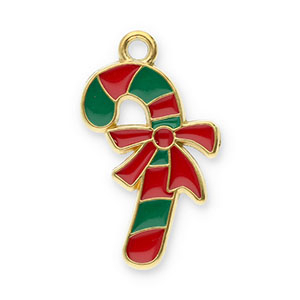Breloques en acier Inox canne &agrave; sucre avec n&oelig;ud Dor&eacute;-rouge-vert