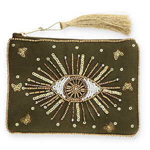 Trousse Oeil Porte-Bonheur Vert olive fonc&eacute;-dor&eacute;-blanc