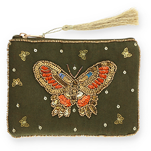 Trousse papillon Vert olive fonc&eacute;-dor&eacute;-orange-bleu
