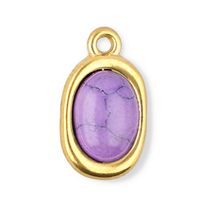 Breloques en acier Inox ovale avec pierre naturelle howlite Dor&eacute;-violet