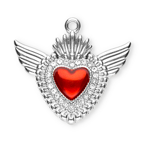 Breloques en acier Inox c&oelig;ur sacr&eacute; avec aile Argent&eacute;-rouge-cristal