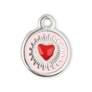 Breloques en acier Inox rond avec c&oelig;ur Argent&eacute;-rouge-rose clair