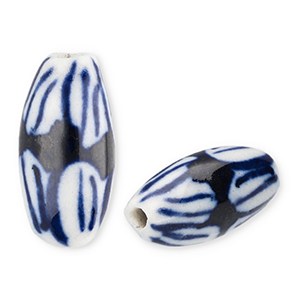 Perles en c&eacute;ramique "grain de riz" Blanc cass&eacute;-bleu de Delft