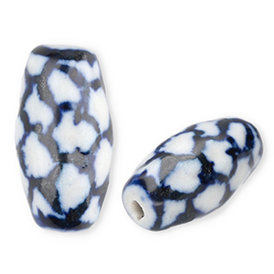 Perles en c&eacute;ramique "grain de riz" Blanc cass&eacute;-bleu de Delft