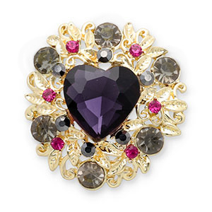 Broches c&oelig;ur Dor&eacute;-rouge violet-vert-rose fonc&eacute;