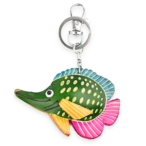 Porte-cl&eacute;s en cuir poisson Vert-bleu cyan fonc&eacute;-rose-jaune