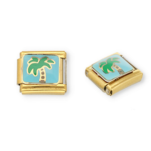 Appr&ecirc;ts en acier inox breloques pour bracelet italien palmier Dor&eacute;-bleu clair-vert