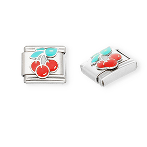 Appr&ecirc;ts en acier inox breloques pour bracelet italien cerises Argent&eacute;-rouge-vert