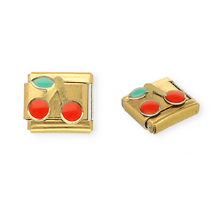 Appr&ecirc;ts en acier inox breloques pour bracelet italien cerises Dor&eacute;-rouge-vert