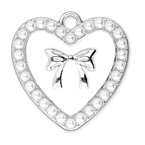 Breloques en m&eacute;tal coeur avec perles et n&oelig;ud Argent&eacute;-blanc