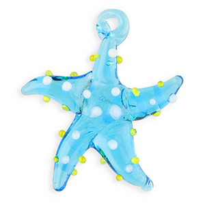 Breloques en verre peintes &agrave; la main &eacute;toile de mer Bleu transparent-blanc-jaune