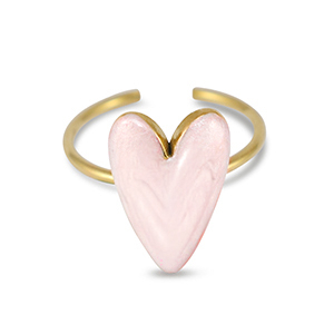 Bagues en acier inox &eacute;maill&eacute;es coeur Rose clair nacr&eacute;-Dor&eacute;